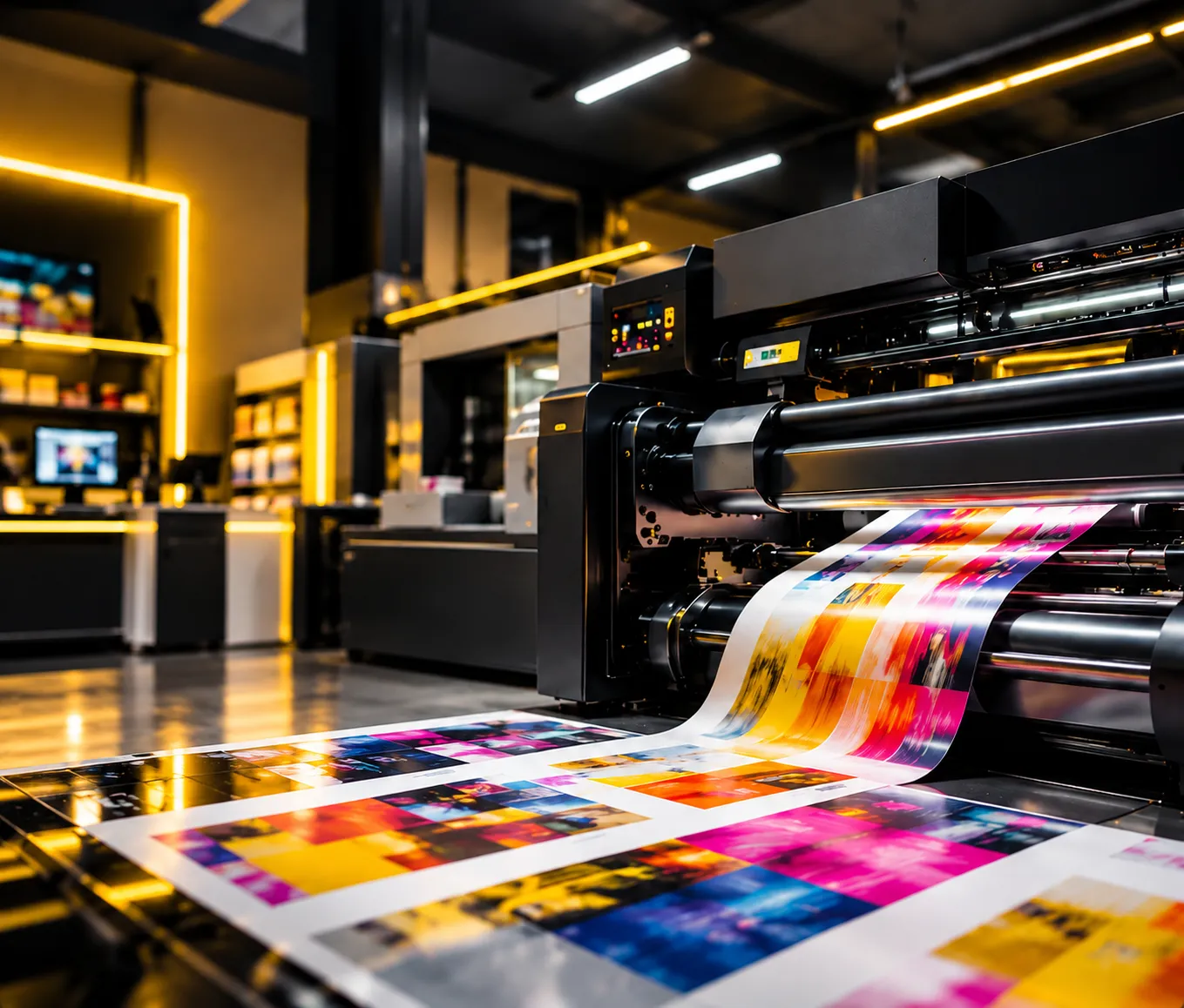 Large format printing machine producing colourful prints